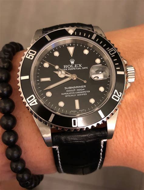 rolex submariner black leather strap|Rolex Submariner on rubber strap.